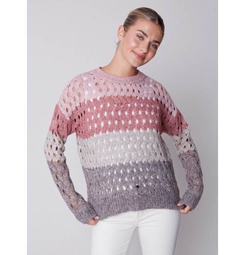 Striped Net Stitch Sweater - Port