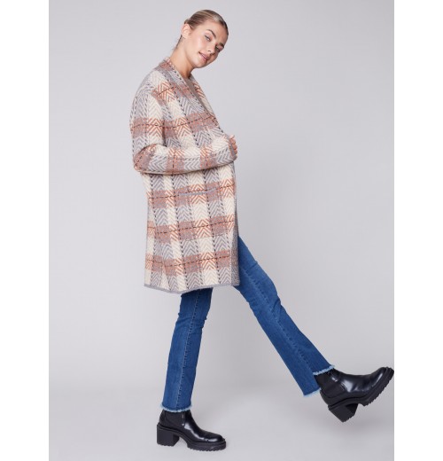 Long Plaid Cardigan with Shawl Collar - Truffle