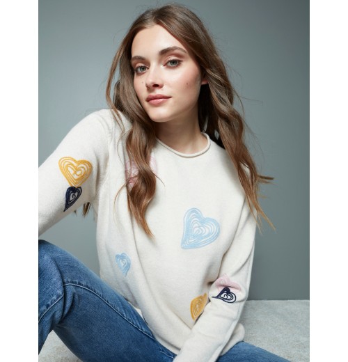 Embroidered Hearts Sweater - Ecru