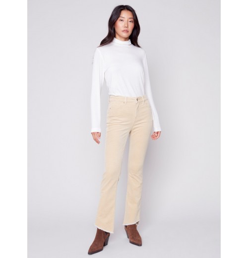 Bootcut Corduroy Pants with Asymmetrical Fringed Hem - Natural