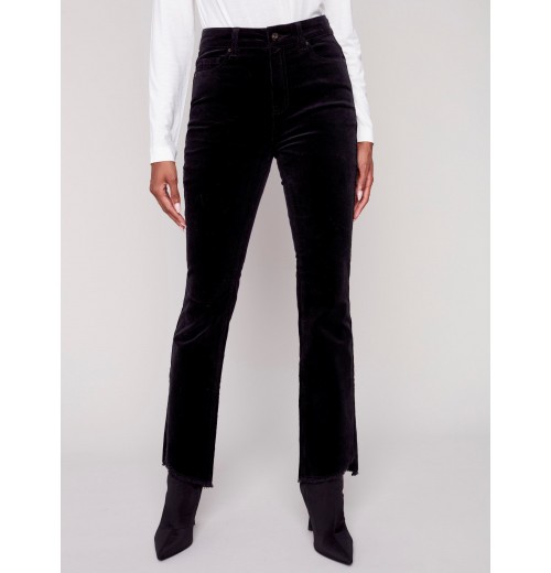 Bootcut Corduroy Pants with Asymmetrical Fringed Hem - Black