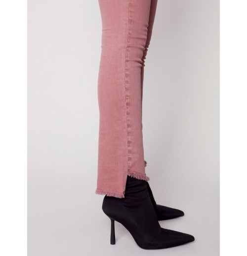 Bootcut Twill Pants with Asymmetrical Fringed Hem - Raspberry