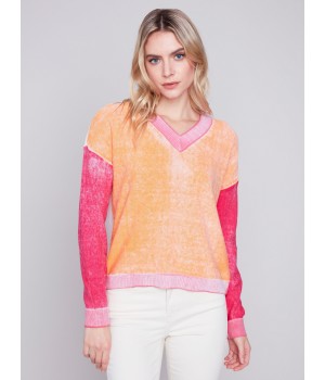 Color Block Cotton Sweater - Tangerine