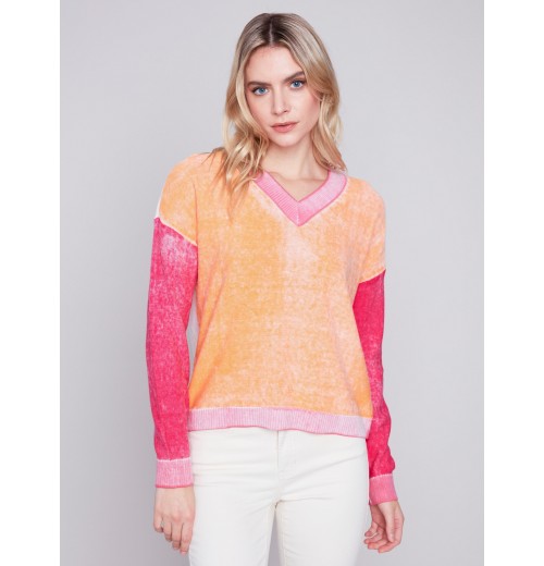 Color Block Cotton Sweater - Tangerine