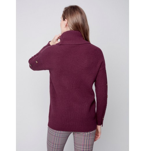 Cowl Neck Sweater with Button Detail - Port