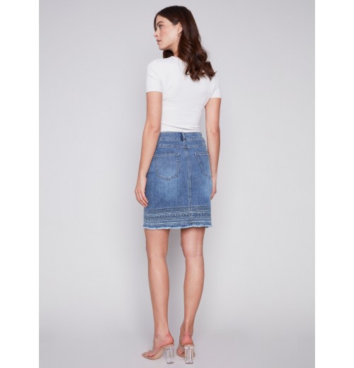 Embroidered Hem Denim Skort - Medium Blue