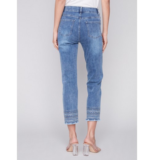 Embroidered Hem Jeans - Medium Blue