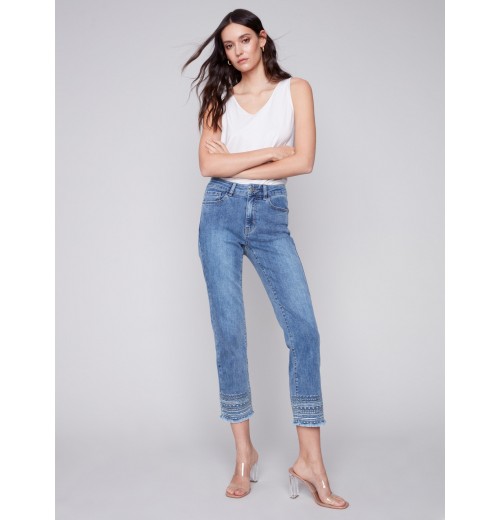 Embroidered Hem Jeans - Medium Blue