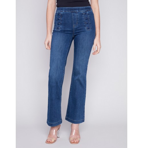 Flare Jeans with Decorative Buttons - Indigo