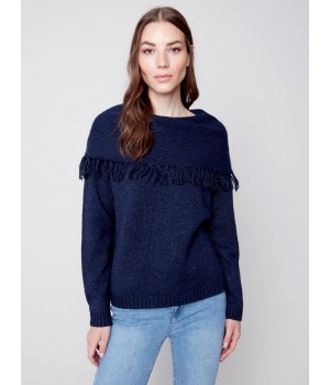 Fringed Cowl Neck Sweater - Denim