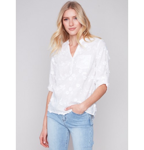 Half-Button Embroidered Cotton Blouse - White