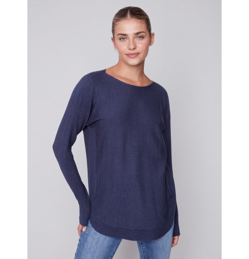 Knit Sweater with Back Lace-up Detail - Denim