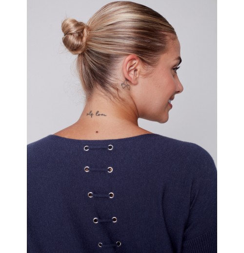 Knit Sweater with Back Lace-up Detail - Denim