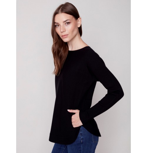 Knit Sweater with Back Lace-up Detail - Black