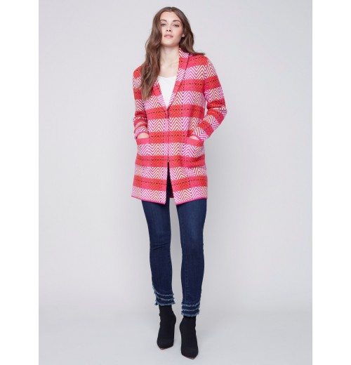 Long Plaid Cardigan with Shawl Collar - Orchid