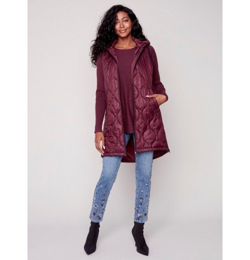 Long Quilted Puffer Vest with Hood - Port