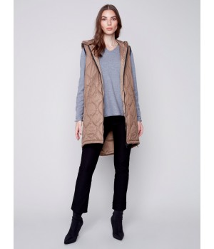 Long Quilted Puffer Vest with Hood - Truffle