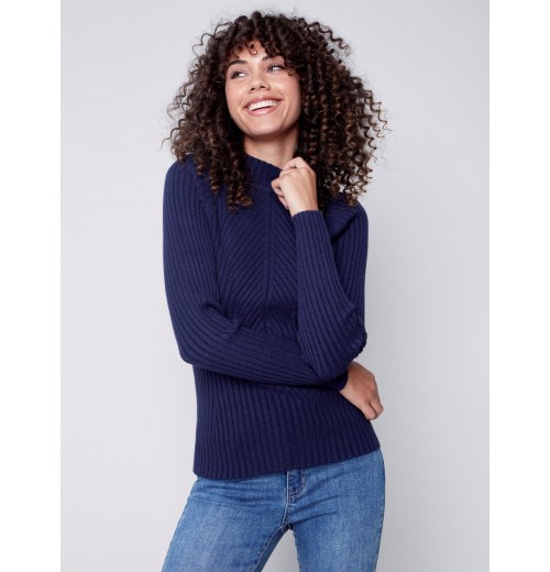 Mock Neck Rib Sweater - Navy