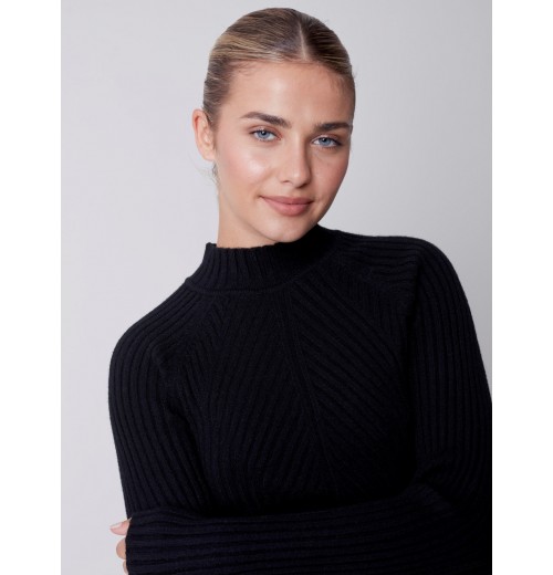 Mock Neck Rib Sweater - Black