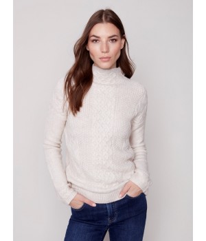 Mock Neck Sweater with Honeycomb Stitch - Almond