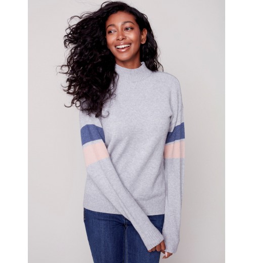 Mock Neck Sweater with Smiley Stitching - Gray