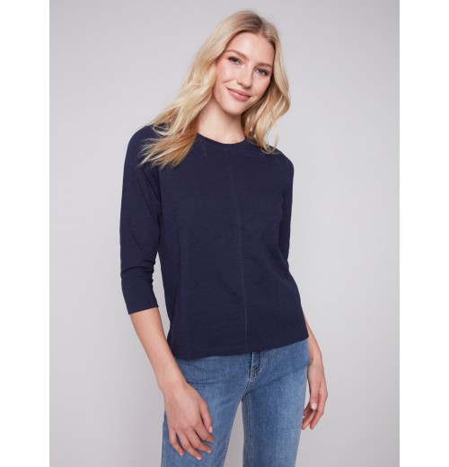 Organic Cotton Slub Knit Top - Navy