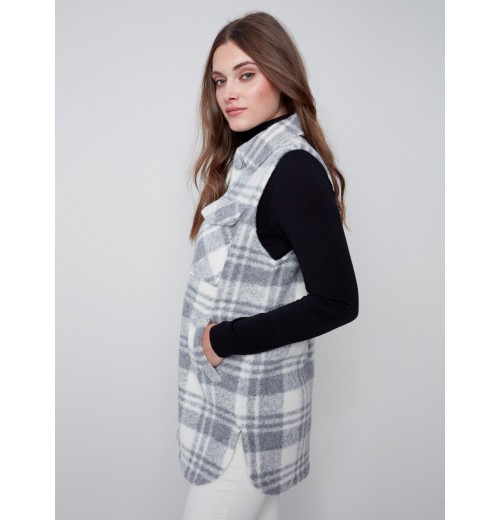 Plaid Boiled Wool Vest - Light Gray