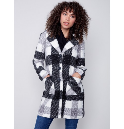 Plaid Bouclé Knit Coat - Black & Cream