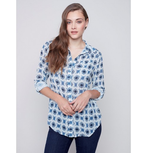 Printed Crinkle Georgette Blouse - Denim