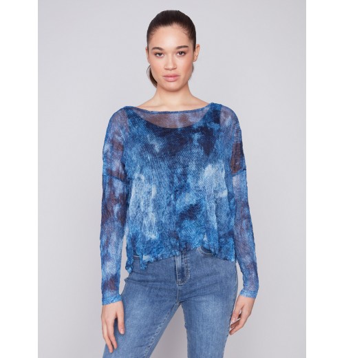 Printed Crinkle Mesh Top - Denim