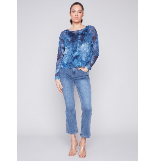 Printed Crinkle Mesh Top - Denim