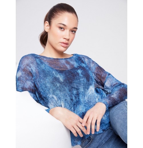 Printed Crinkle Mesh Top - Denim