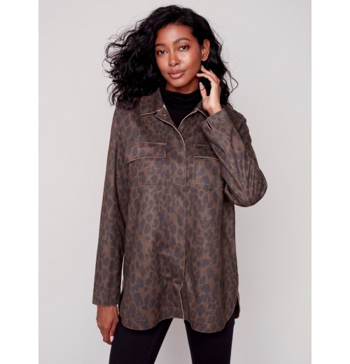 Printed Faux Suede Shirt Jacket - Animal