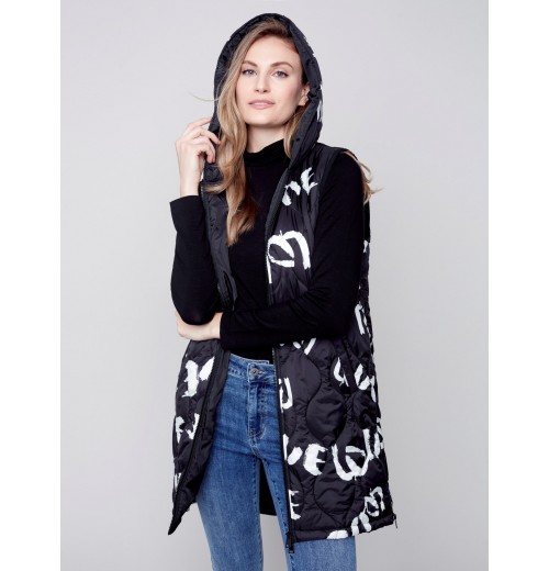 Printed Long Quilted Puffer Vest with Hood - Black & Cream