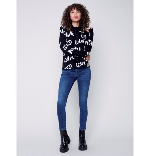 Printed Ottoman Cotton Funnel Neck Sweater - Black & White