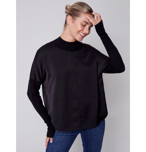 Satin Knit Top with Mock Neck - Black