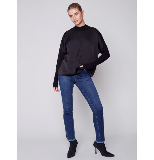 Satin Knit Top with Mock Neck - Black