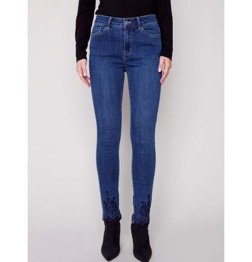 Skinny Jeans with Embroidered Scalloped Hem - Blue Jean