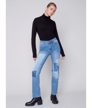 Straight Leg Jeans with Trompe L'Oeil Patch Detail - Medium Blue