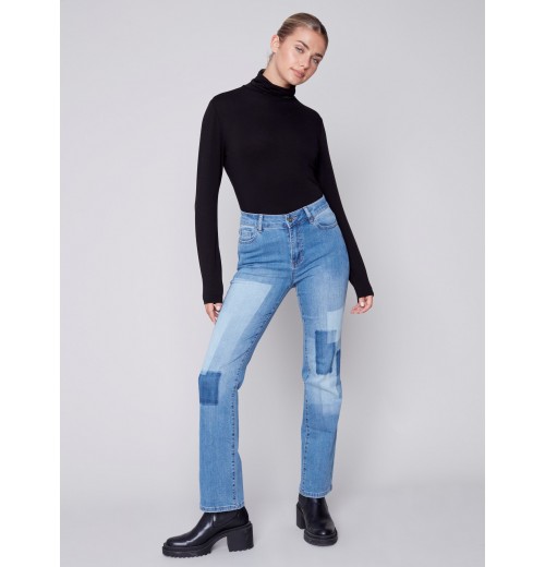 Straight Leg Jeans with Trompe L'Oeil Patch Detail - Medium Blue