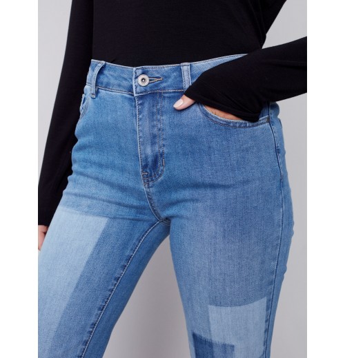 Straight Leg Jeans with Trompe L'Oeil Patch Detail - Medium Blue