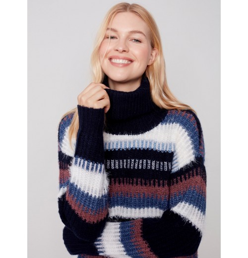 Striped Cowl Neck Sweater - Navy