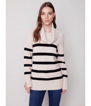 Striped Sweater with Cowl Neck - Almond