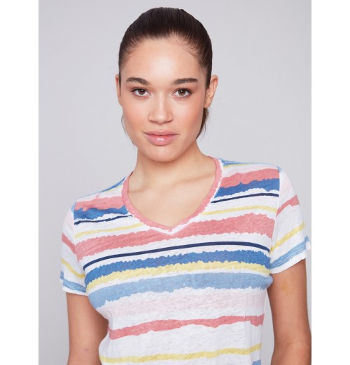 Striped V-Neck Linen T-Shirt - Pastel