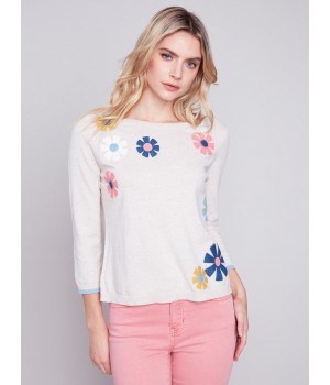 Sweater with Flower Patches - Beige