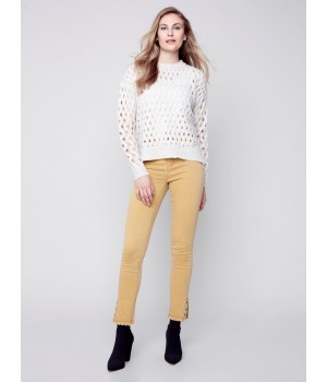 Twill Jeans with Eyelet Hem Detail - Gold