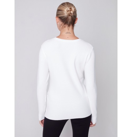 V-Neck Sweater with Grommet Detail - Cream