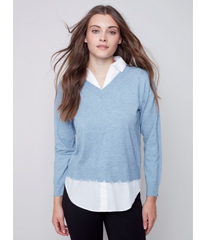 V-Neck Sweater with Shirt Collar - Snowflake